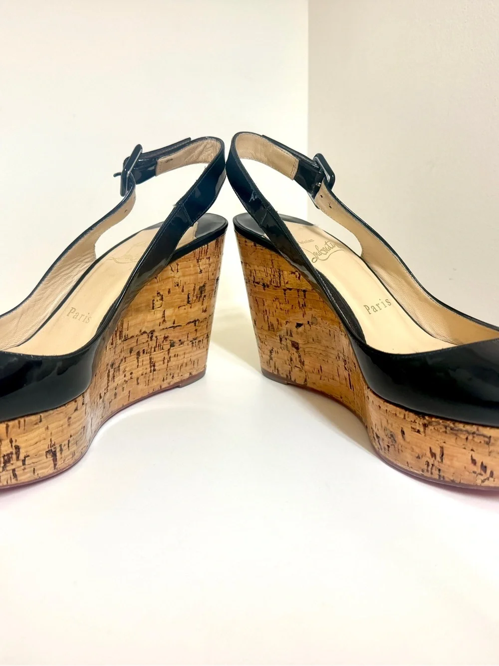 Christian Louboutin Une Plume Black Patent Leather  Cork Wedge Slingback sz 36.5